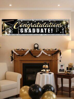 Large Graduation Banner 6ft - Congrats Graduate Backdrop Black Gold Party Decor